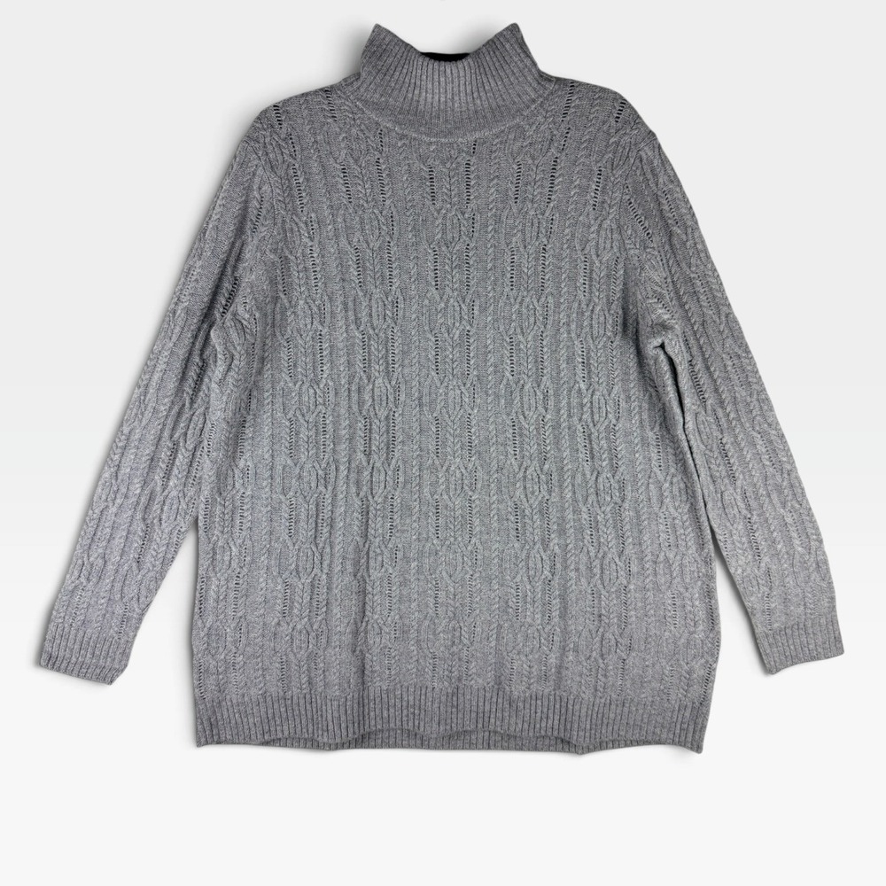 Garnet Hill Sweater Wool Cashmere Mock Neck Womens M Gray Cable Knit NWOT